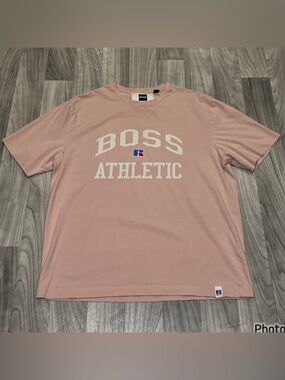SIZE XXL MENS HUGO BOSS x RUSSELL ATHLETIC DUSTY PINK SPELL OUT SHIRT